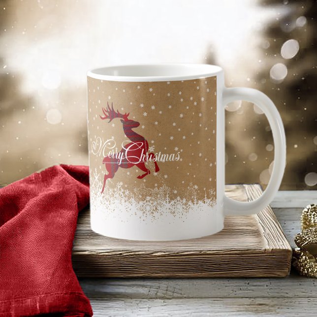 Merry Christmas Reindeer Tartan Red/Kraft ID590 Kaffeetasse (Von Creator hochgeladen)