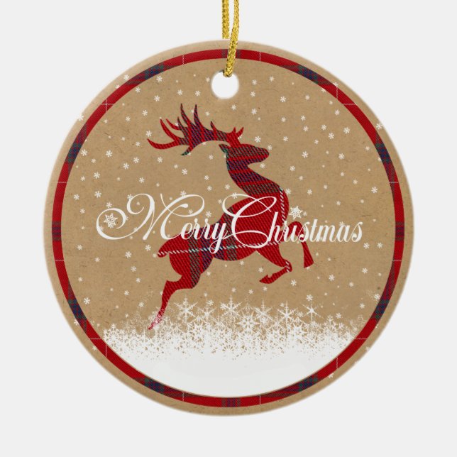 Merry Christmas Reindeer Tartan Red/Kraft ID590 Keramik Ornament (Vorne)