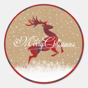 Merry Christmas Reindeer Tartan Red/Kraft ID590 Runder Aufkleber