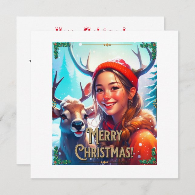 MERRY CHRISTMAS REINDEIN MIT GLÜCKLICHEM MÄDCHEN EINLADUNG (Vorne/Hinten)