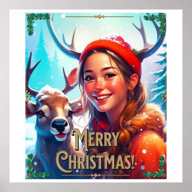 MERRY CHRISTMAS REINDEIN MIT GLÜCKLICHEM MÄDCHEN POSTER (Vorne)