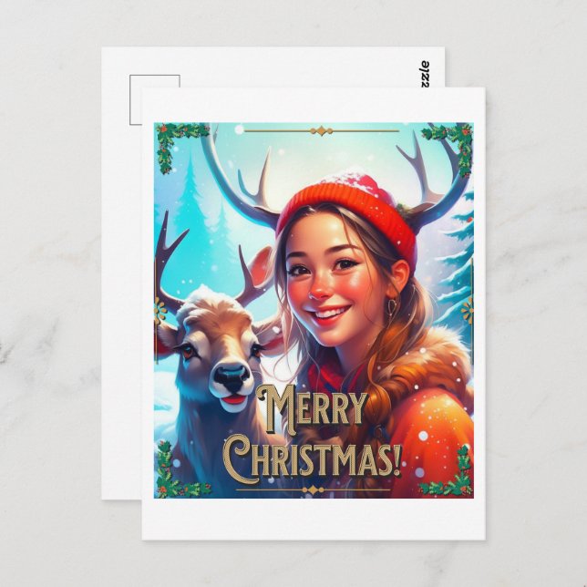 MERRY CHRISTMAS REINDEIN MIT GLÜCKLICHEM MÄDCHEN POSTKARTE (Vorne/Hinten)