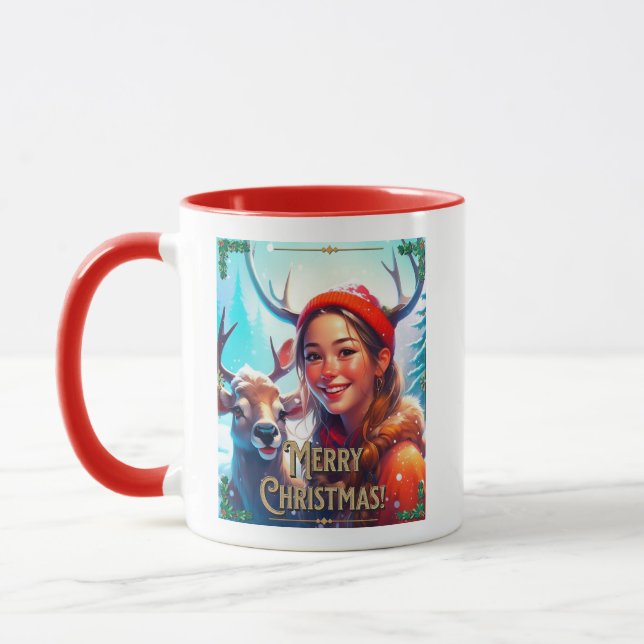 MERRY CHRISTMAS REINDEIN MIT GLÜCKLICHEM MÄDCHEN TASSE (Links)