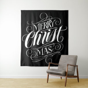 Merry CHRISTmas Religious Calligraphy Script Black Wandteppich