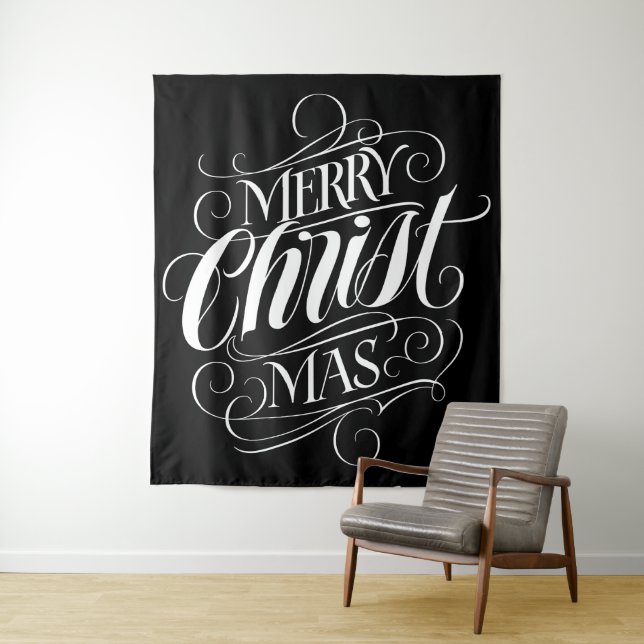 Merry CHRISTmas Religious Calligraphy Script Black Wandteppich (Beispiel)