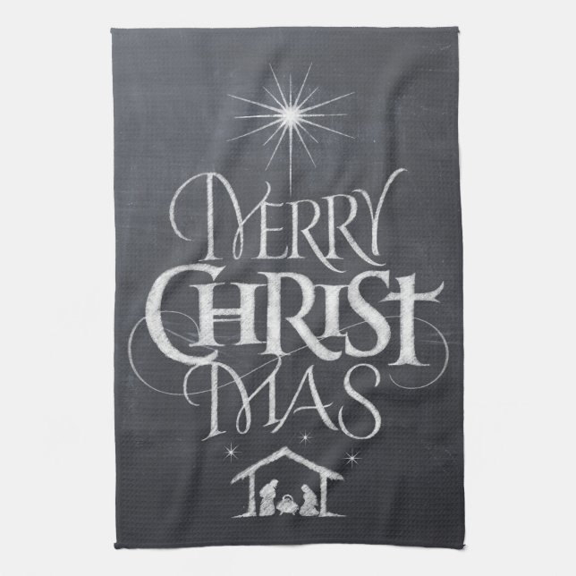 Merry CHRISTmas Religious Chalkboard Calligrafy Geschirrtuch (Vertikal)