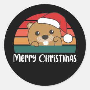 Merry Christmas Retro Beaver Christmas Runder Aufkleber