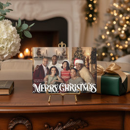 Merry Christmas Retro Script | Custom Four-Photo Feiertagskarte