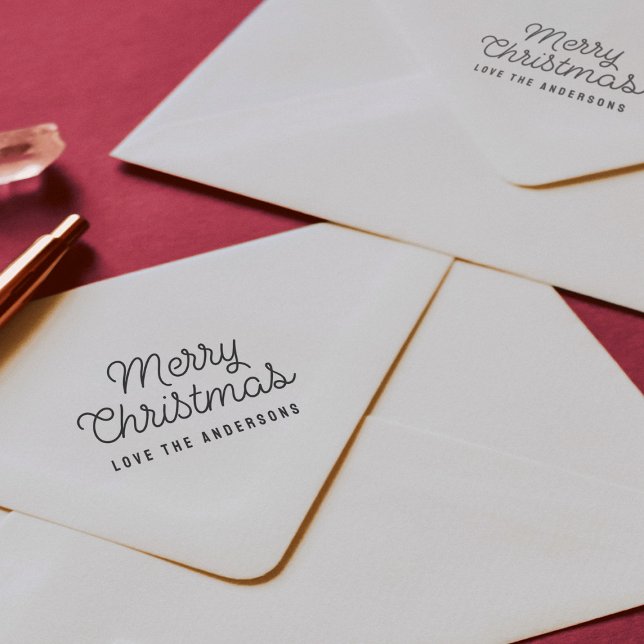 Merry Christmas Retro Script Typografie Gummistempel (Merry Christmas script retro type with family name rubber address stamp)
