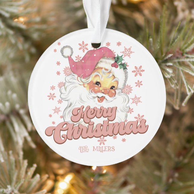 Merry Christmas Retro Typography Santa Pink Hat Ornament (Baum)