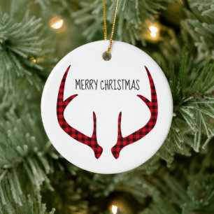 Merry Christmas Round Ornament-Plaid Antlers Keramik Ornament