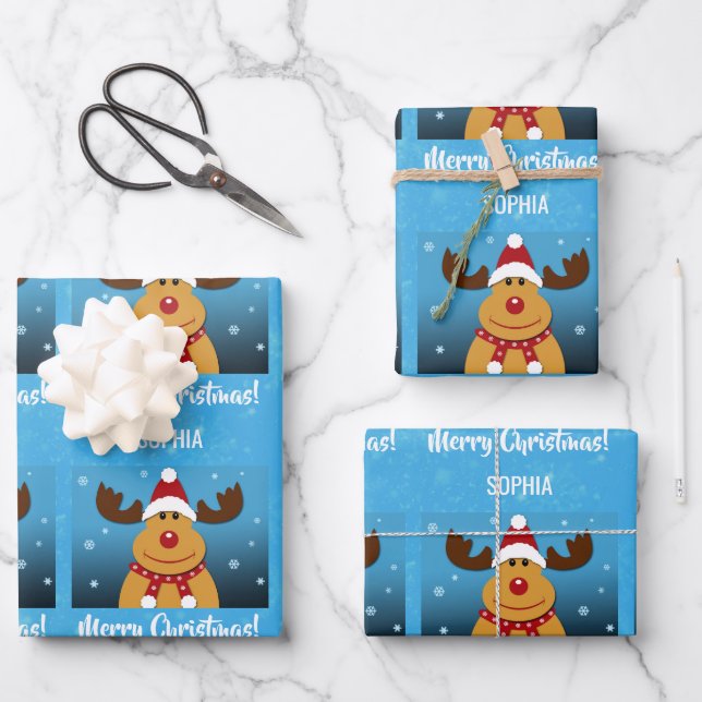 Merry Christmas Rudolph Reindeer Personalisierter  Geschenkpapier Set (Vorderseite)