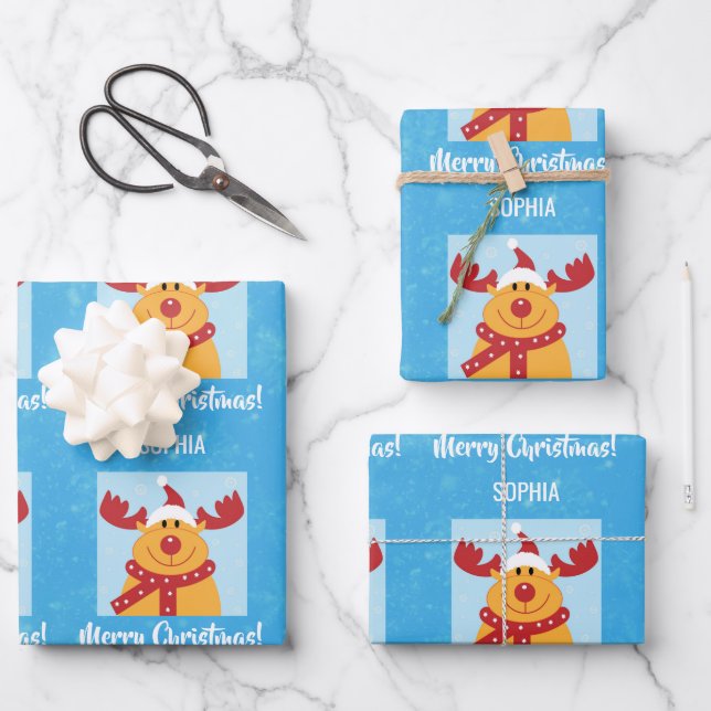Merry Christmas Rudolph Reindeer Personalize Name Geschenkpapier Set (Vorderseite)