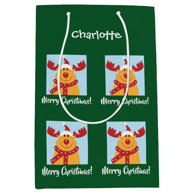 Merry Christmas Rudolph Reindeer Personalize Name Mittlere Geschenktüte (Vorderseite)
