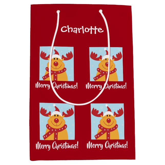 Merry Christmas Rudolph Reindeer Personalize Name Mittlere Geschenktüte (Vorderseite)