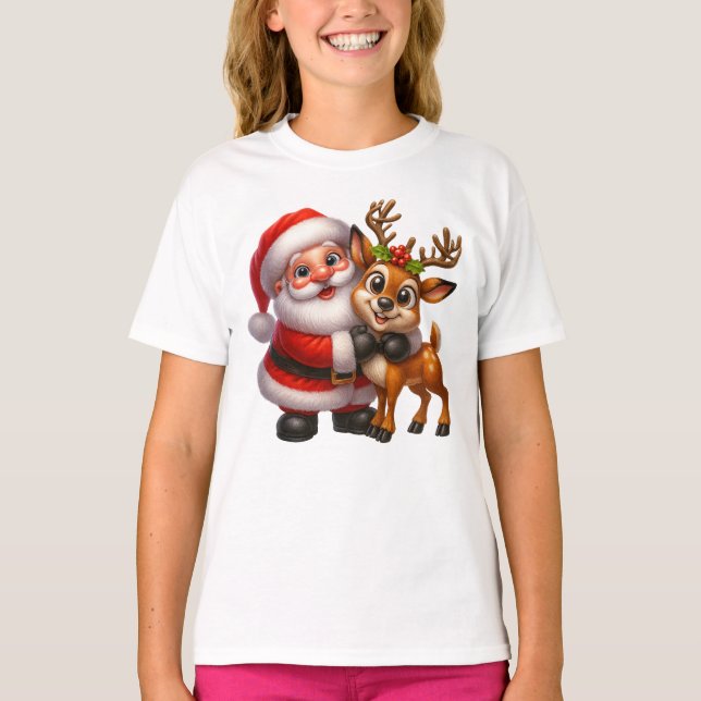Merry Christmas Santa and Deer T-shirt (Vorderseite)