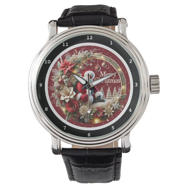 Merry Christmas Santa and Holiday Wreath Armbanduhr (Vorderseite)