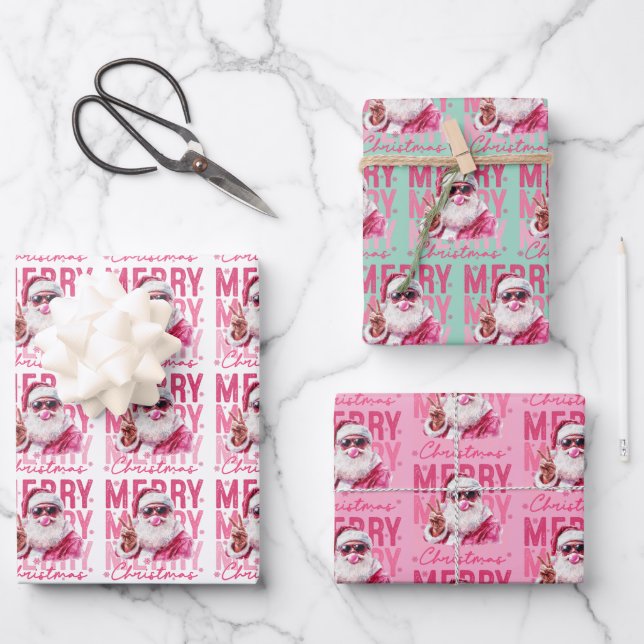 Merry Christmas Santa Blowing Bubble Gum Gift Wrap Geschenkpapier Set (Vorderseite)