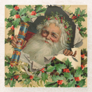Merry Christmas Santa Claus Holly Glasuntersetzer