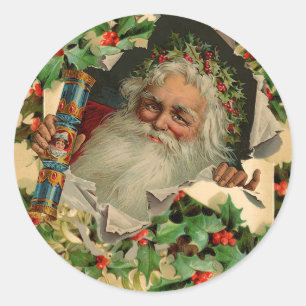 Merry Christmas Santa Claus Holly Runder Aufkleber
