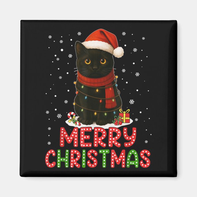Merry Christmas Santa Hat Funny Black Cat Men Wome Magnet (Vorne)