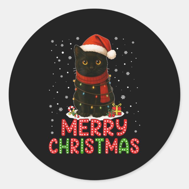 Merry Christmas Santa Hat Funny Black Cat Men Wome Runder Aufkleber (Vorderseite)