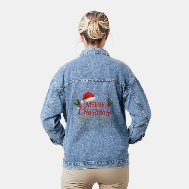 Merry Christmas Santa Hat & Leaves Denim Jacket Jeansjacke (Modell)