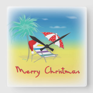 Merry Christmas, Santa Hat, Palm Tree, Beach Quadratische Wanduhr