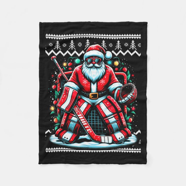 Merry Christmas Santa Hockey Goalie Ugly Christmas Fleecedecke (Vorderseite)