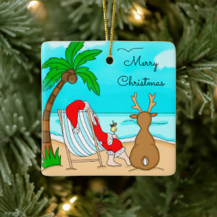 Merry Christmas Santa on Beach with Reindeer Keramikornament