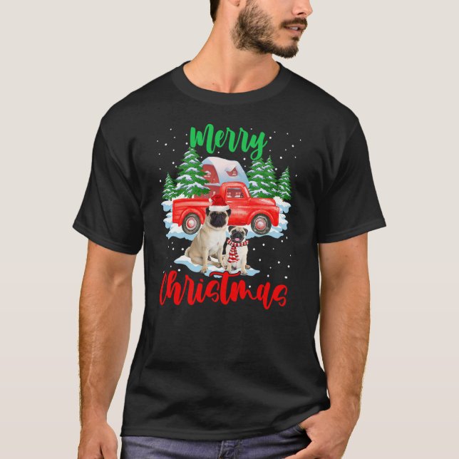 Merry Christmas Santa Pug And Truck Dog Gift T-Shirt (Vorderseite)