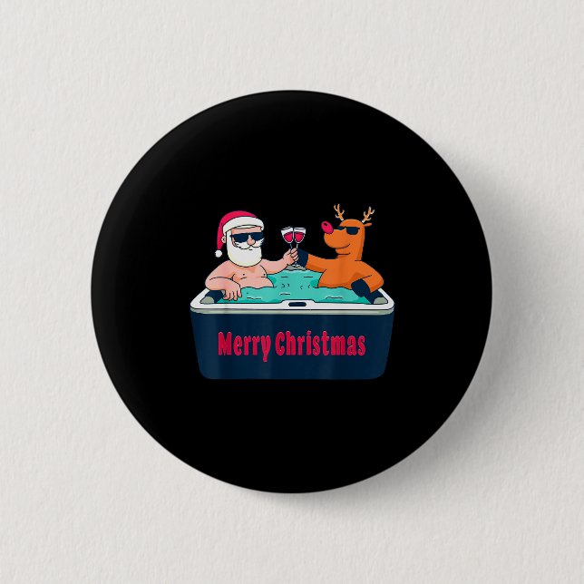 Merry Christmas Santa Reindeer Hot Tub Spa Wine  Button (Vorderseite)