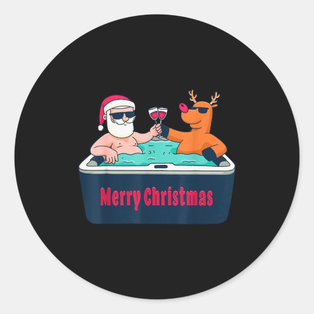 Merry Christmas Santa Reindeer Hot Tub Spa Wine  Runder Aufkleber (Vorderseite)