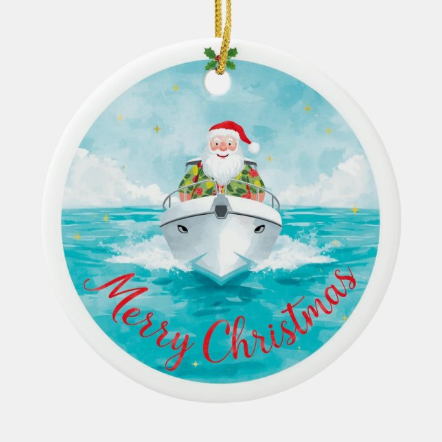 Merry Christmas Santa Sailing on a Yacht Keramik Ornament (Vorne)