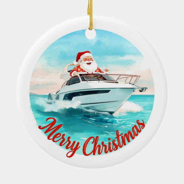 Merry Christmas Santa Sailing on a Yacht Keramik Ornament (Hinten)