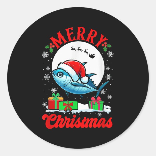 Merry Christmas Santa Tuna Xmas Box Funny Fishing  Runder Aufkleber (Vorderseite)