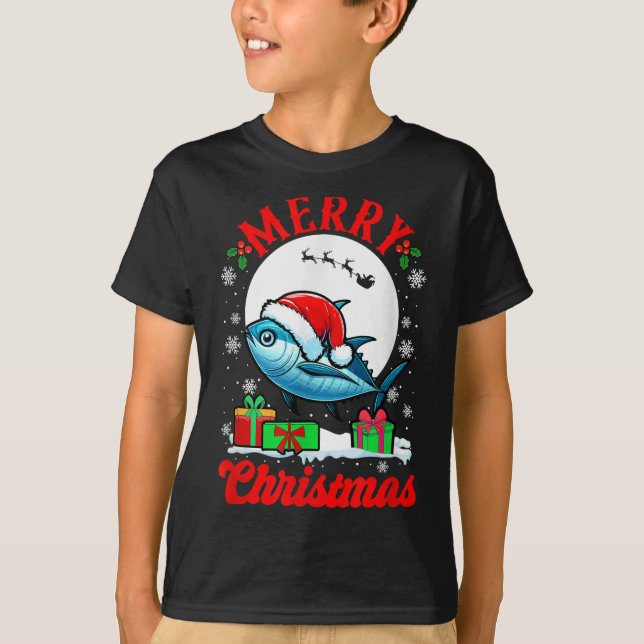 Merry Christmas Santa Tuna Xmas Box Funny Fishing  T-Shirt (Vorderseite)