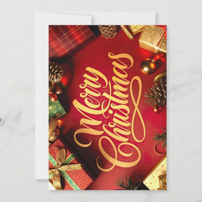  "Merry Christmas" Schrift mit Geschenken & Zapfen Einladung (Vorderseite)