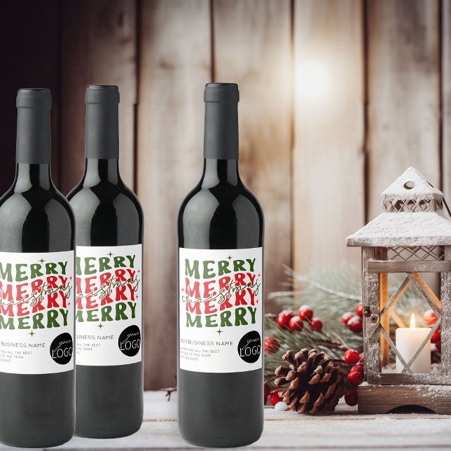Merry Christmas Script Business Logo Geschenk Weinetikett (Logo branded christmas wine bottle labels by Busy Business Bee)