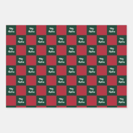Merry Christmas Script Green and Red Checkerboard Geschenkpapier Set