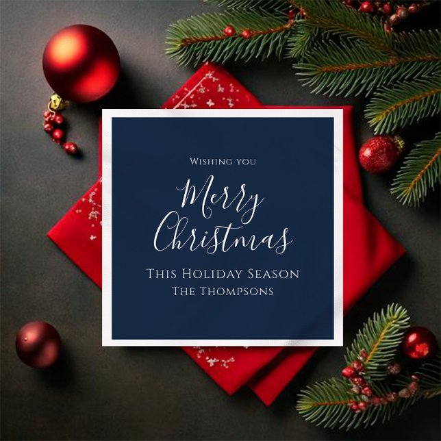 Merry Christmas Script Navy Blue Custom Serviette (Navy blue Merry Christmas cocktail napkin)