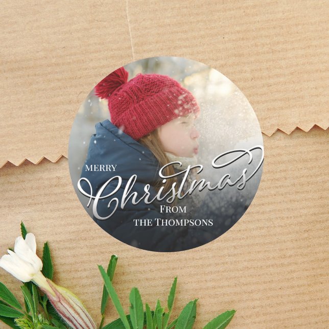 Merry Christmas Script Photo Custom Runder Aufkleber (Simple calligraphy script photo label with a simple full bleed photo template. )