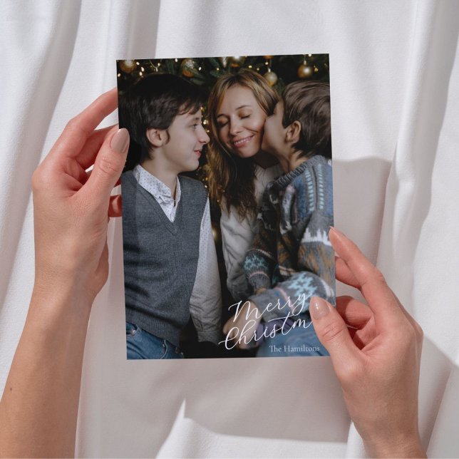 Merry Christmas Script Photo Navy Feiertagskarte (Von Creator hochgeladen)