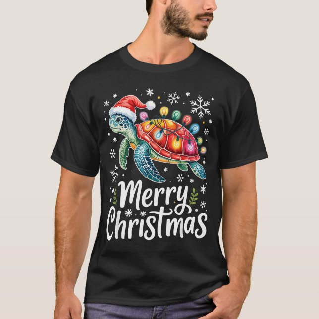 Merry Christmas Sea Turtle Christmas Lights Santa  T-Shirt (Vorderseite)