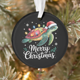 Merry Christmas Sea Turtle Santa Hat String Lights Ornament