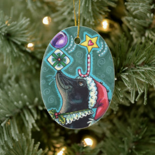 MERRY CHRISTMAS SEAL BALANCING GIFTS & CANDY CANE KERAMIK ORNAMENT