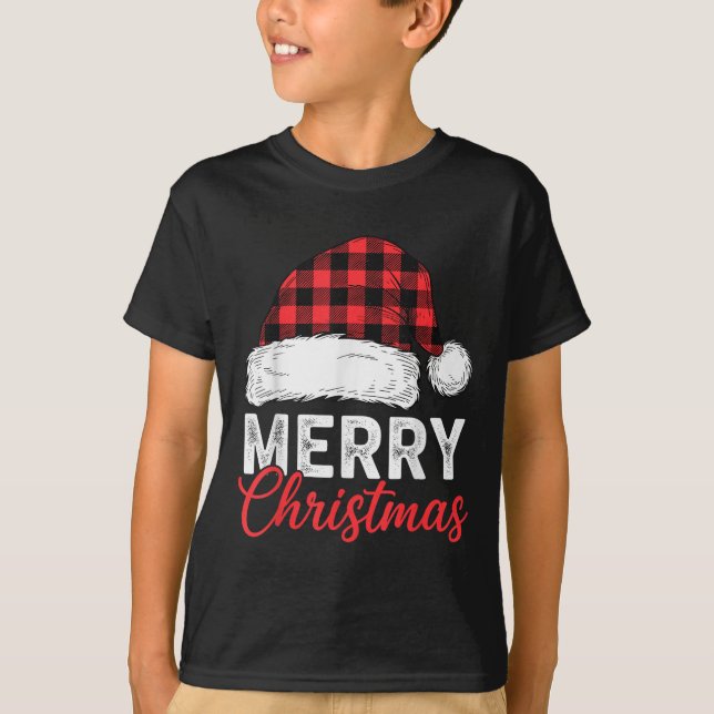 Merry Christmas Shirt Santa Hat Buffalo Plaid Men  (Vorderseite)
