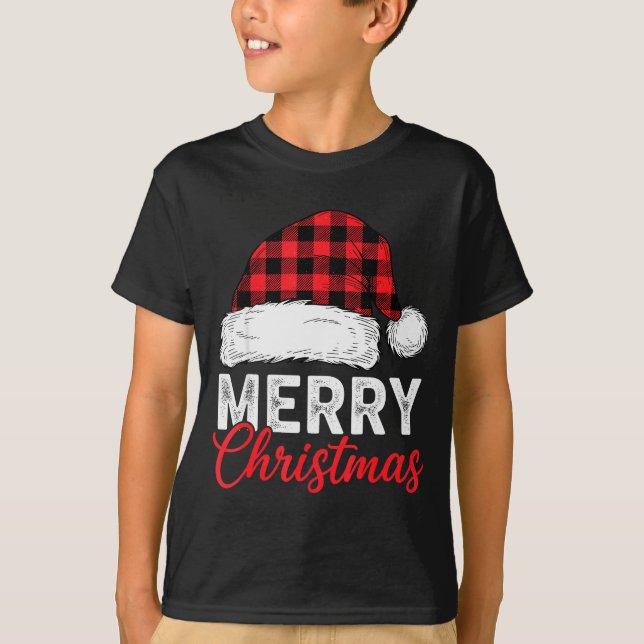 Merry Christmas Shirt Santa Hat Buffalo Plaid Men  (Vorderseite)