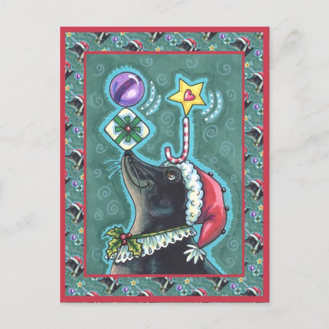 MERRY CHRISTMAS SIEGEL BALANCING GIFTS, CANDY CANE POSTKARTE (Vorderseite)
