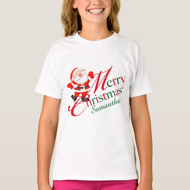 Merry Christmas Signature Name Red Green Santa T-Shirt (Vorderseite)